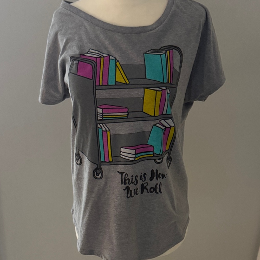 Out of Print Gray Short Sleeve Tee with Colorful Books